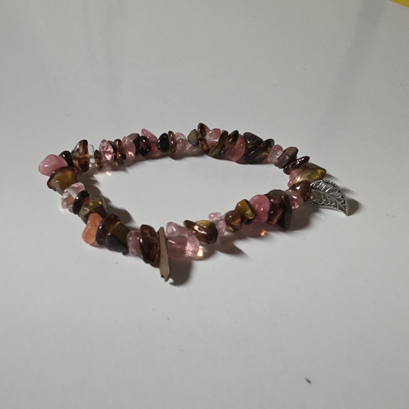 Pink and Brown Beaded Bracelet with Leaf Charm - Picture 1 of 1